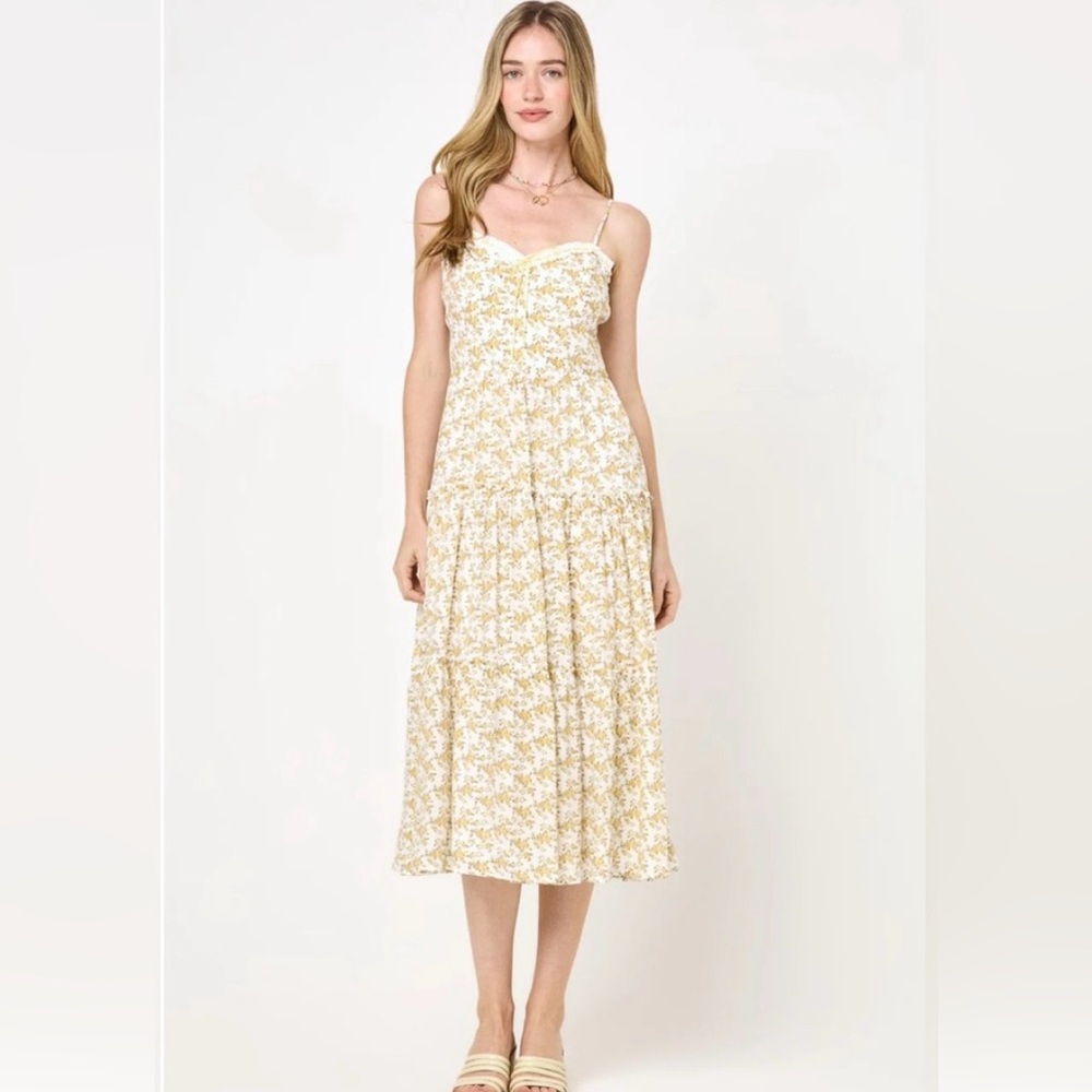 Trixxi Cream and Yellow Floral Tie Midi Dress Sz M